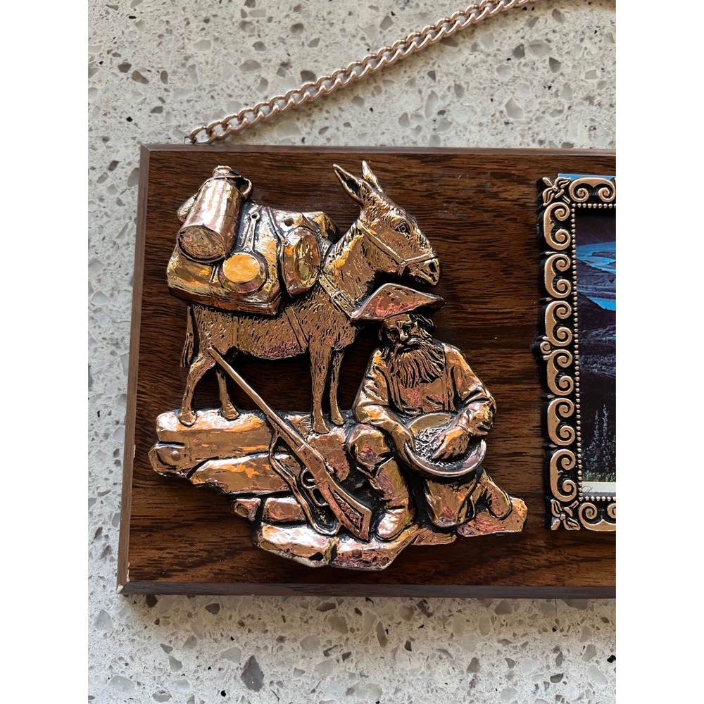 Vintage Dawson City Yukon Souvenir Plaque Copper Prospector Mule Wood Wall Art - Picture 2 of 4
